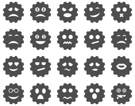 Gear emotion icons. Glyph set style is flat images, gray symbols, isolated on a white background.