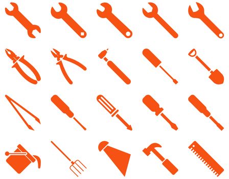 Equipment and Tools Icons. Glyph set style is flat images, orange color, isolated on a white background.