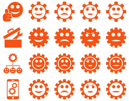 Tools and Smile Gears Icons. Glyph set style is flat images, orange color, isolated on a white background.