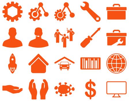 Settings and Tools Icons. Glyph set style is flat images, orange color, isolated on a white background.