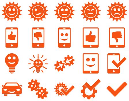 Tools and Smile Gears Icons. Glyph set style is flat images, orange color, isolated on a white background.
