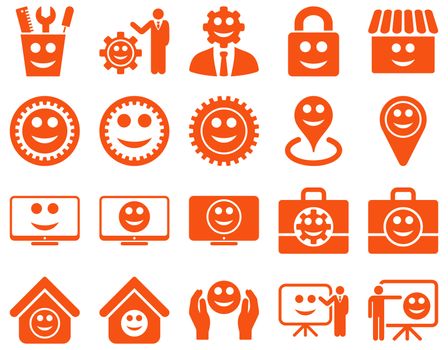 Tools, gears, smiles, management icons. Glyph set style is flat images, orange symbols, isolated on a white background.