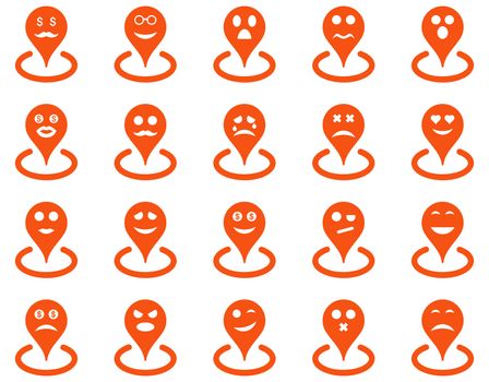 Smiled location icons. Glyph set style is flat images, orange symbols, isolated on a white background.