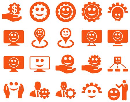 Tools, gears, smiles, map markers icons. Glyph set style is flat images, orange symbols, isolated on a white background.