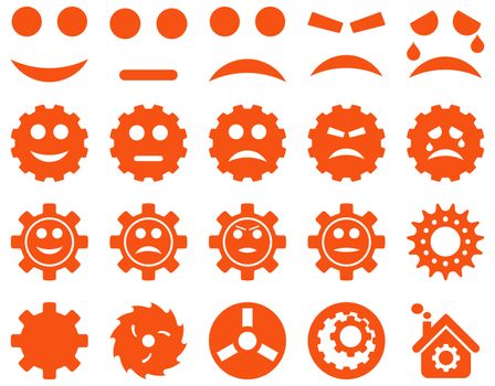 Tools and Smile Gears Icons. Glyph set style is flat images, orange color, isolated on a white background.