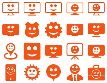 Tools, gears, smiles, dilspays icons. Glyph set style is flat images, orange symbols, isolated on a white background.