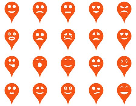 Emotion map marker icons. Glyph set style is flat images, orange symbols, isolated on a white background.