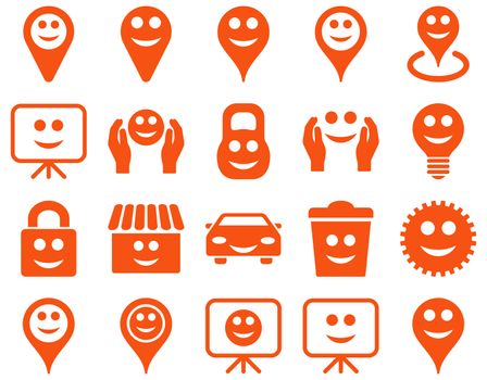 Tools, options, smiles, objects icons. Glyph set style is flat images, orange symbols, isolated on a white background.
