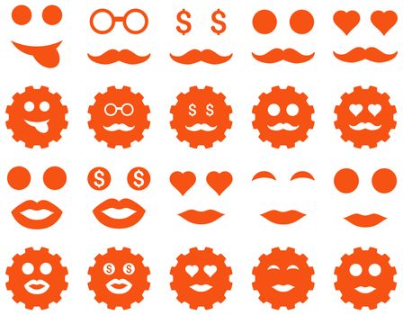 Tool, gear, smile, emotion icons. Glyph set style is flat images, orange symbols, isolated on a white background.