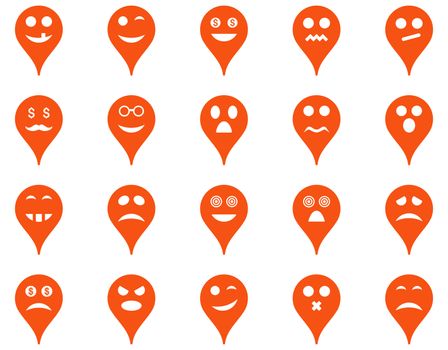 Emotion map marker icons. Glyph set style is flat images, orange symbols, isolated on a white background.