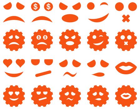 Tool, gear, smile, emotion icons. Glyph set style is flat images, orange symbols, isolated on a white background.