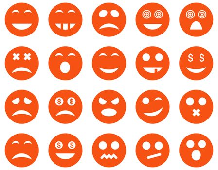 Smile and emotion icons. Glyph set style is flat images, orange symbols, isolated on a white background.