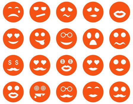 Smile and emotion icons. Glyph set style is flat images, orange symbols, isolated on a white background.