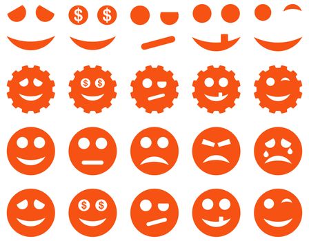 Tools, gears, smiles, emoticons icons. Glyph set style is flat images, orange symbols, isolated on a white background.