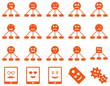 Smile, emotion, relations and tablet icons. Glyph set style is flat images, orange symbols, isolated on a white background.