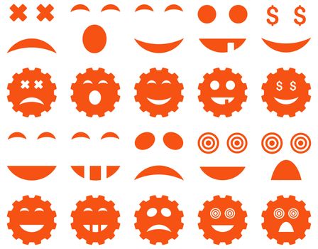 Tool, gear, smile, emotion icons. Glyph set style is flat images, orange symbols, isolated on a white background.