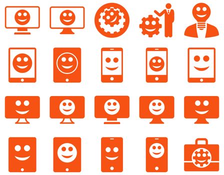 Tools, options, smiles, displays, devices icons. Glyph set style is flat images, orange symbols, isolated on a white background.