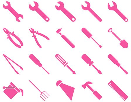 Equipment and Tools Icons. Glyph set style is flat images, pink color, isolated on a white background.