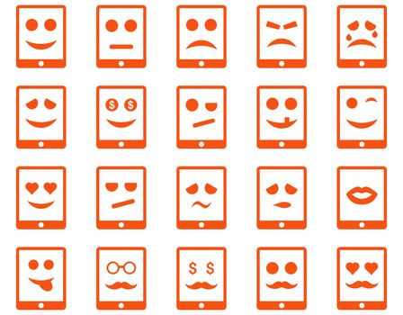Emotion mobile tablet icons. Glyph set style is flat images, orange symbols, isolated on a white background.