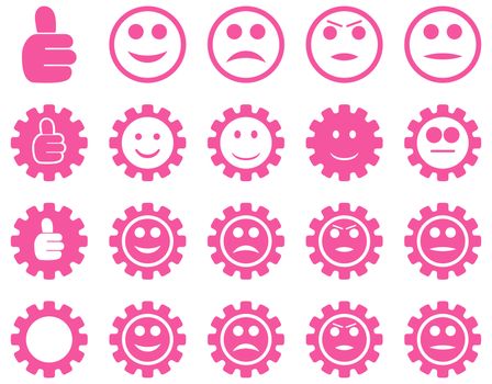 Settings and Smile Gears Icons. Glyph set style is flat images, pink color, isolated on a white background.