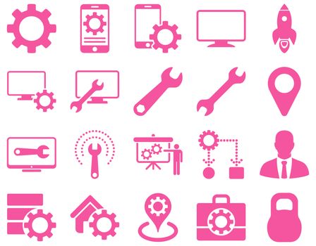 Settings and Tools Icons. Glyph set style is flat images, pink color, isolated on a white background.