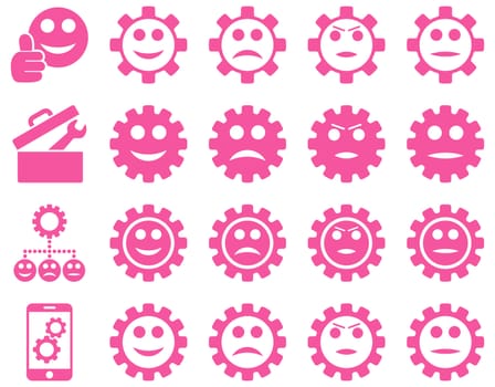 Tools and Smile Gears Icons. Glyph set style is flat images, pink color, isolated on a white background.