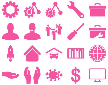Settings and Tools Icons. Glyph set style is flat images, pink color, isolated on a white background.