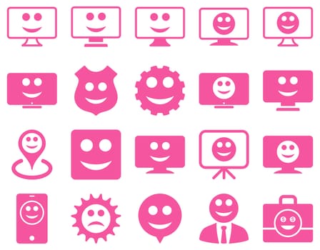 Tools, gears, smiles, dilspays icons. Glyph set style is flat images, pink symbols, isolated on a white background.