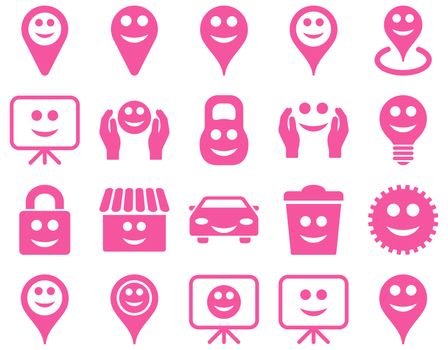 Tools, options, smiles, objects icons. Glyph set style is flat images, pink symbols, isolated on a white background.