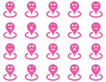 Smiled location icons. Glyph set style is flat images, pink symbols, isolated on a white background.