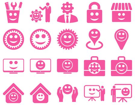 Tools, gears, smiles, management icons. Glyph set style is flat images, pink symbols, isolated on a white background.