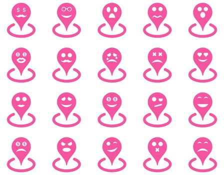 Smiled location icons. Glyph set style is flat images, pink symbols, isolated on a white background.