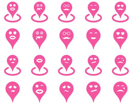 Smiled location icons. Glyph set style is flat images, pink symbols, isolated on a white background.