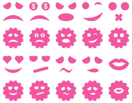 Tool, gear, smile, emotion icons. Glyph set style is flat images, pink symbols, isolated on a white background.