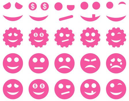Tools, gears, smiles, emoticons icons. Glyph set style is flat images, pink symbols, isolated on a white background.