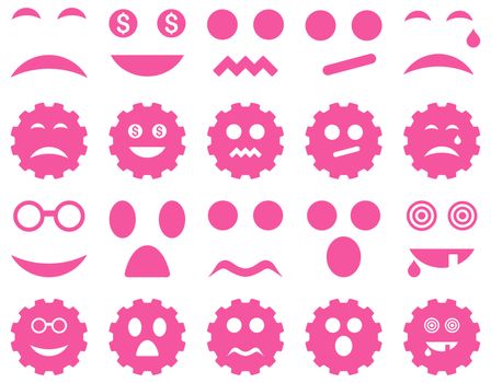 Tool, gear, smile, emotion icons. Glyph set style is flat images, pink symbols, isolated on a white background.