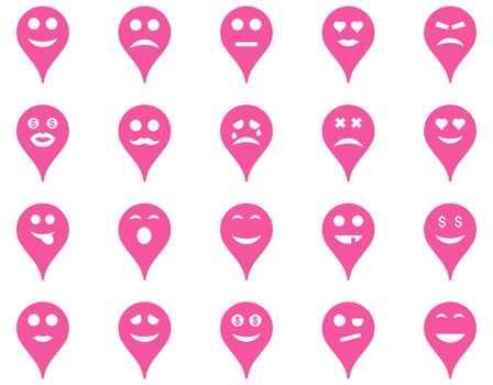 Emotion map marker icons. Glyph set style is flat images, pink symbols, isolated on a white background.