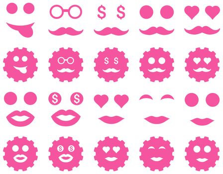 Tool, gear, smile, emotion icons. Glyph set style is flat images, pink symbols, isolated on a white background.