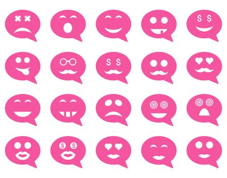 Chat emotion smile icons. Glyph set style is flat images, pink symbols, isolated on a white background.