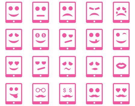Emotion mobile tablet icons. Glyph set style is flat images, pink symbols, isolated on a white background.