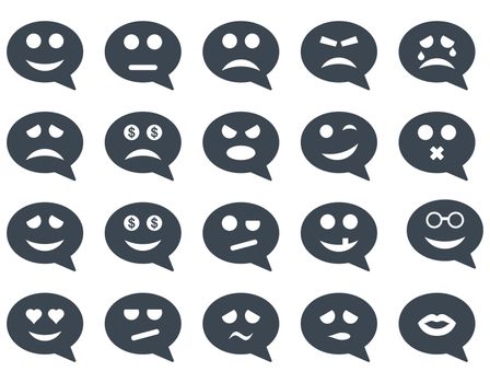 Chat emotion smile icons. Glyph set style is flat images, smooth blue symbols, isolated on a white background.