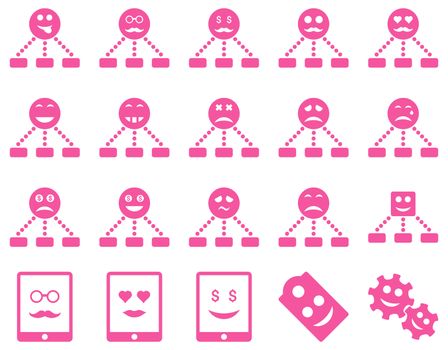 Smile, emotion, relations and tablet icons. Glyph set style is flat images, pink symbols, isolated on a white background.