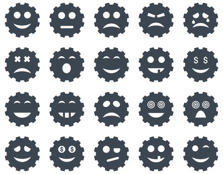 Gear emotion icons. Glyph set style is flat images, smooth blue symbols, isolated on a white background.