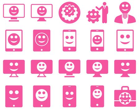 Tools, options, smiles, displays, devices icons. Glyph set style is flat images, pink symbols, isolated on a white background.