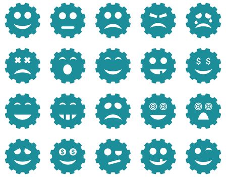 Gear emotion icons. Glyph set style is flat images, soft blue symbols, isolated on a white background.