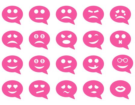 Chat emotion smile icons. Glyph set style is flat images, pink symbols, isolated on a white background.