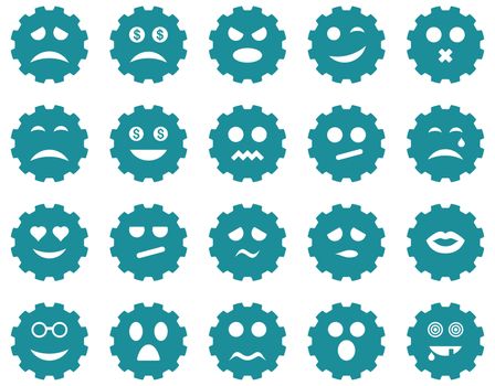 Gear emotion icons. Glyph set style is flat images, soft blue symbols, isolated on a white background.