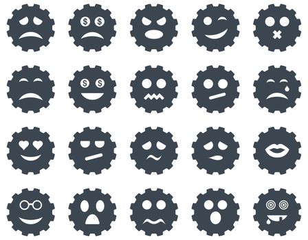 Gear emotion icons. Glyph set style is flat images, smooth blue symbols, isolated on a white background.