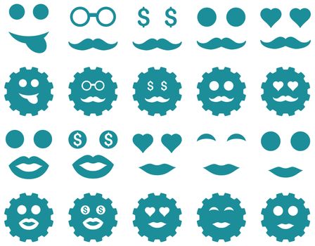 Gear and emotion icons. Glyph set style is flat images, soft blue symbols, isolated on a white background.