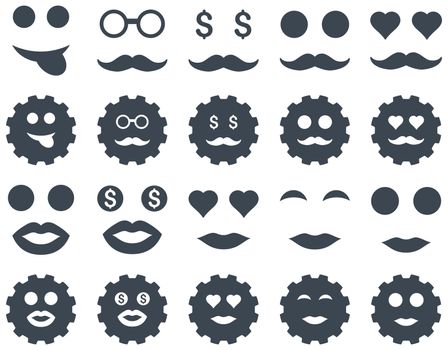 Gear and emotion icons. Glyph set style is flat images, smooth blue symbols, isolated on a white background.
